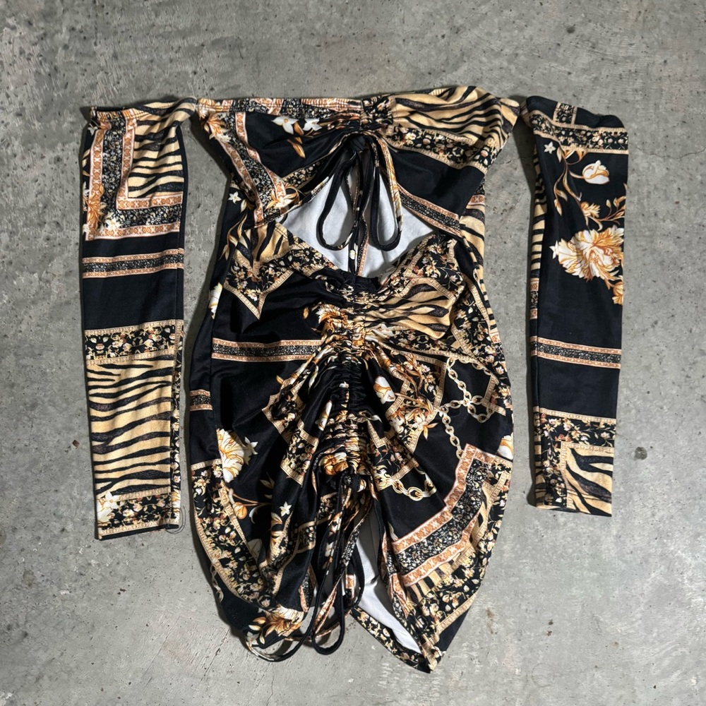 Women’s Black Gold Abstract Animal Print Ruched Off the Shoulder Mini‎ Dress